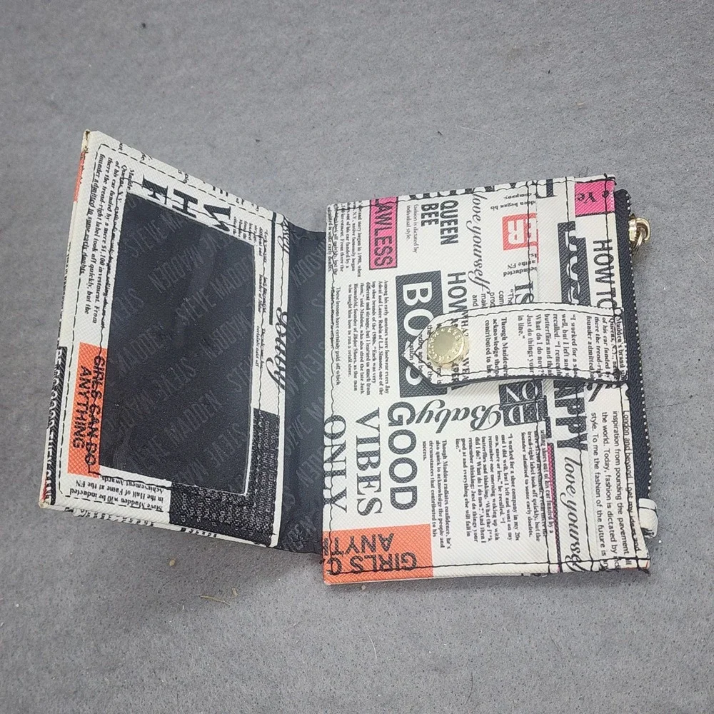 Steve Madden Bifold Wallet Newsprint Typography Print Gold Tone Women OS